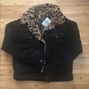 Forever 21 Black Corduroy Jacket with Leopard Print Collar